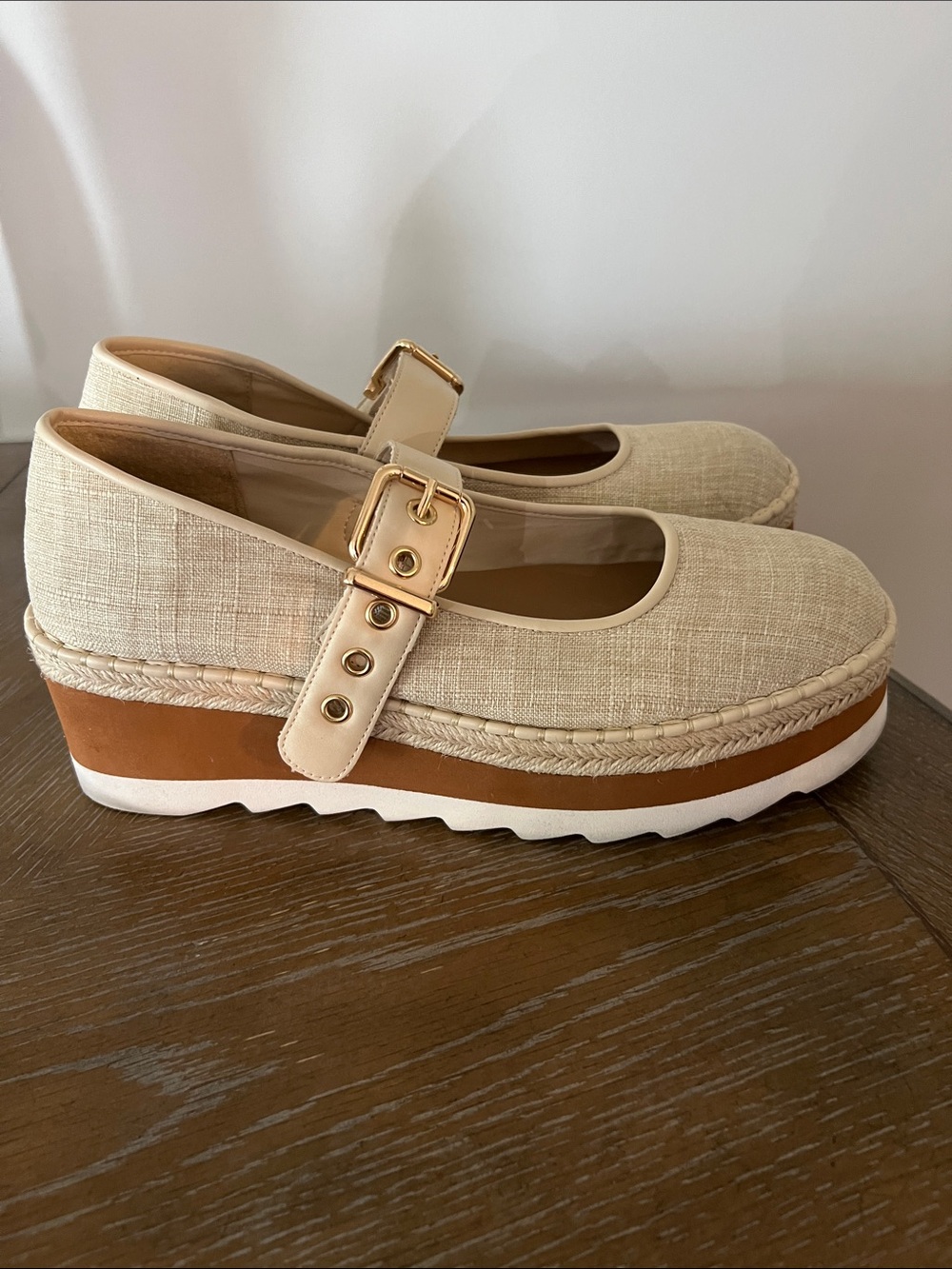Neutral Beige Platform Mary Jane Espadrille with Gold Buckle